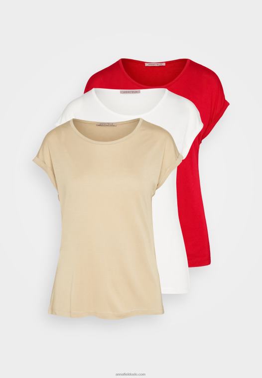 Anna Field kvinner 3-pack basic t-skjorte beige/off-white/rød P266L301 - Bilde 7