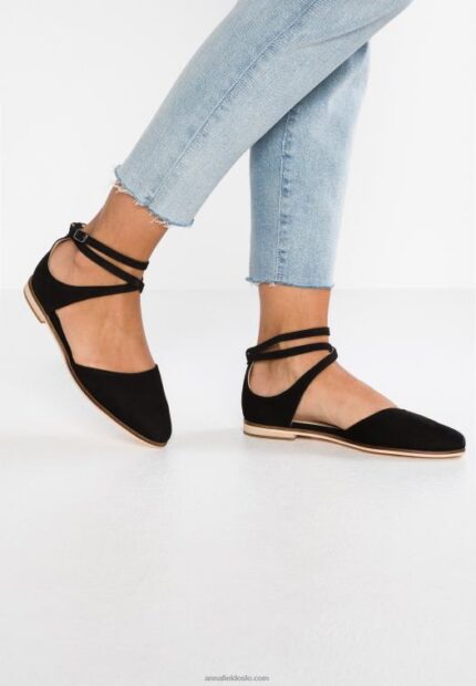 Anna Field kvinner ankelstropp i skinn ballettpumps svart P266L2156