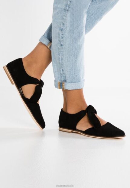 Anna Field kvinner ankelstropp i skinn ballettpumps svart P266L2159