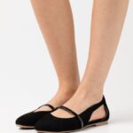 Anna Field kvinner ankelstropp i skinn ballettpumps svart P266L2171