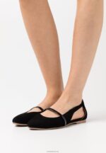 Anna Field kvinner ankelstropp i skinn ballettpumps svart P266L2171