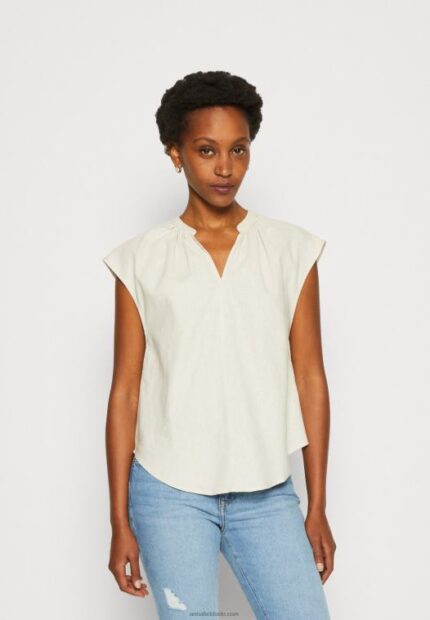 Anna Field kvinner beige t-skjorte med skjortetrykk i linblanding P266L336